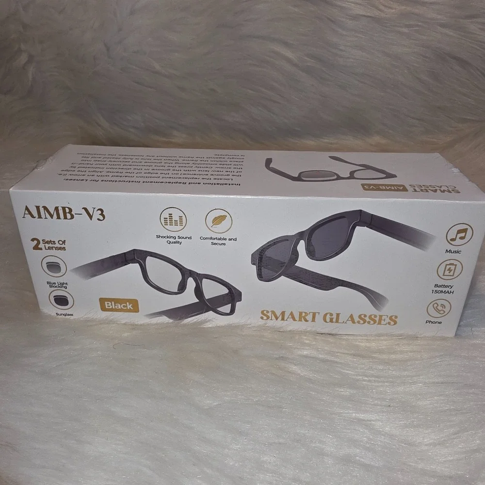 NEW Factory Sealed AIMB-V3 Smart Bluetooth Audio Glasses Black 2 Lens Sets